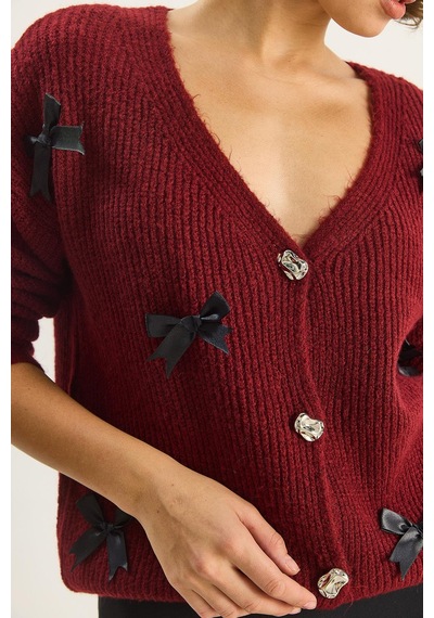 Shade Kadın Fiyonk Aksesuarlı V Yaka Oversize Düğmeli Hırka 60283642 - Bordo