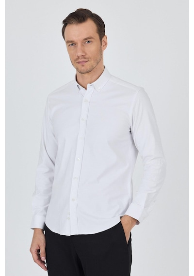 İmza Uzun Kol Düz Bez Ayağı Düğmeli Yaka Cepsiz Pamuklu Casual Slim Fit Gömlek 1004250212 Beyaz