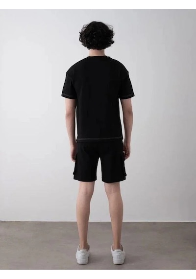 Erkek Teenage Fermuarlı Oversize Şortlu Takım-15543 Siyah Erkek Teenage Fermuarlı Oversize Şortlu Takım-15543 Siyah