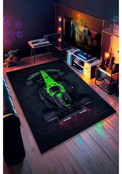 Formula 1 Neon Yeşil Yarış Arabası Halı Kaymaz Taban Yıkanabilir Gamer Odası Halısı F1.10 F1.9