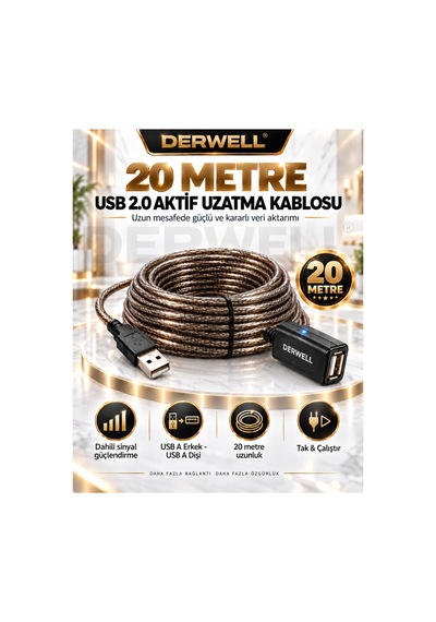 Yeni 2026 20 Metre Usb 2.0 Aktif Uzatma Kablosu Dahili Güçlendirilmiş Sinyal Çipli Kopma Donma Yapmaz Tak Çalıştır Erkek Dişi Yüksek Hızlı Kararlı Veri Aktarım Kablosu Gold Seri Premium
