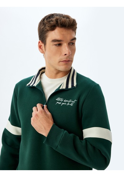 Koton Yarım Fermuarlı Yaka Sweatshirt Slogan İşlemeli Şardonlu Pamuk Karışımlı Yeşil 5wam70171mk Yeşil