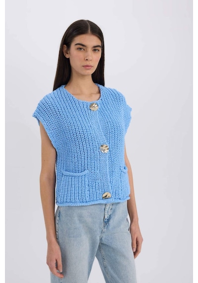 DeFacto Relax Fit Düğmeli Cepli Triko Yelek E1960AX24WNBE3 Mavi