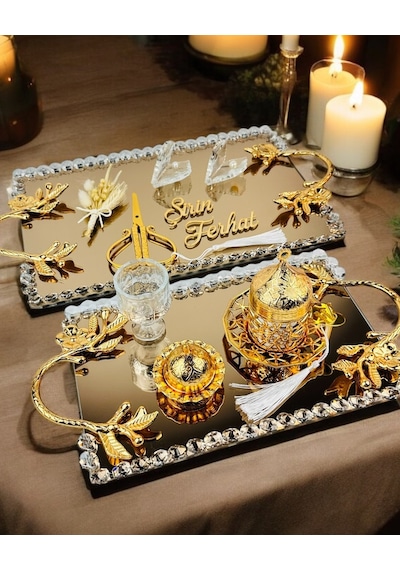 Amour Gold Lüks Swarovski Söz Nişan Tepsisi Gold Gold