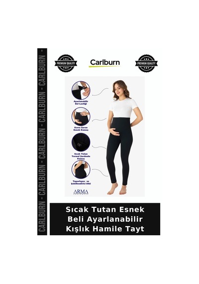 Carlburn Özel Seri Sıcak Tutan Esnek Beli Ayarlanabilir Kışlık Hamile Tayt Siyah Kombin Anne Giyim