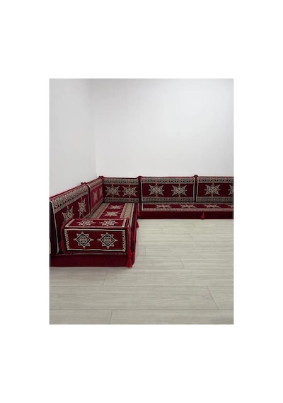 Yıldız Modeli Bordo Otantik Şark Köşesi Takımı L Set - Geleneksel Yer Minderi Seti 10 Cm Minder Kalınlığı 9 Parça