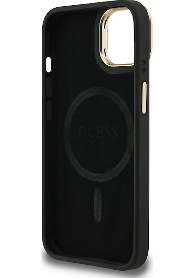 Apple Uyumlu iPhone 15 Kılıf Guess Lisanslı Pu Deri Taşlı Üçgen Logo 4g Desenli Kamera Standlı Kapak Siyah