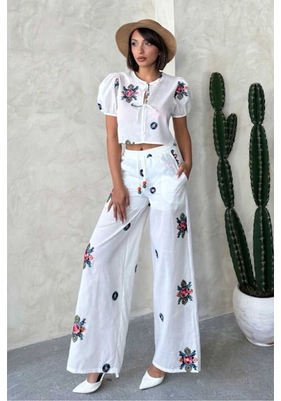 Verymoda Nakışlı Pantolon D2880 Krem Verymoda Nakışlı Pantolon D2880 Krem