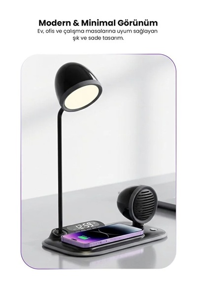 4-in-1 Kablosuz Şarj Standı İphone & Android Uyumlu, Siyah Masa Lambası Ve Bluetooth Hoparlörlü