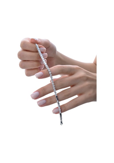 Gümüş Rodyumlu Zirkon Taşlı Modern Görünümlü Çiçek Zinciri Bileklik Barcode Gümüş