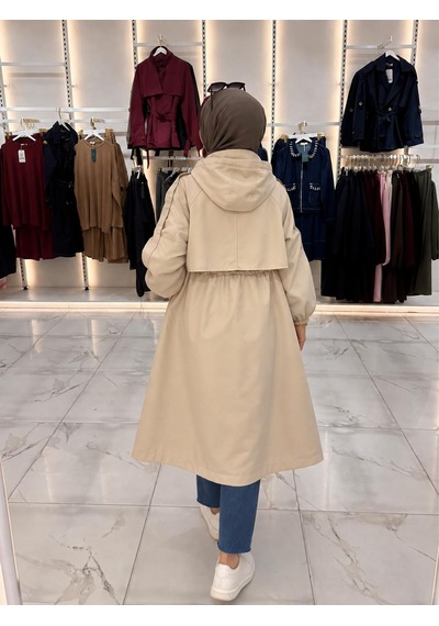 Esra Butik78 Kadın Kapüşonlu Bel Büzgülü Büyük Beden Parka Mont Krem