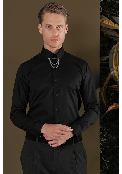 Efor Gk 704 Slim Fit Siyah Klasik Gömlek Siyah