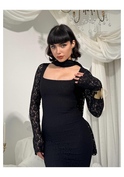 Nils Butik Kare Yaka Dantel Dokulu Balık Abiye Elbise Siyah