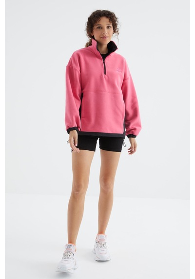 Tommy Life Şeker Pembe Yarım Fermuar Etek Ucu Büzgülü Dik Yaka Oversize Kadın Polar Sweatshirt - 97236 Şeker Pembe