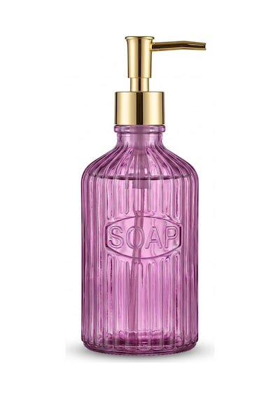 Glassy Dekoratif Cam Sabunluk Gold Pompalı Vintage Çizgili Sıvı Sabun Ve Deterjan Dispenseri - 21.5 Cm X 8 Cm - Mor