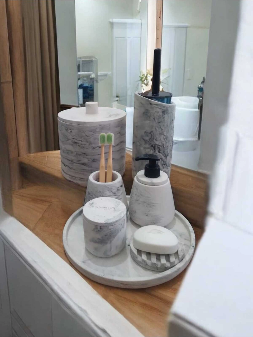 Mermer Desen Beton Banyo Seti,tuvalet Fırçası,çöp Kovası,katı,sıvı Sabunluk,tepsi,pamukluk Gri