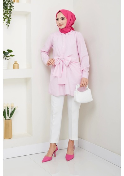 Çizgili Poplin Bağlamalı Gömlek - Pudra / Ü103 Pudra