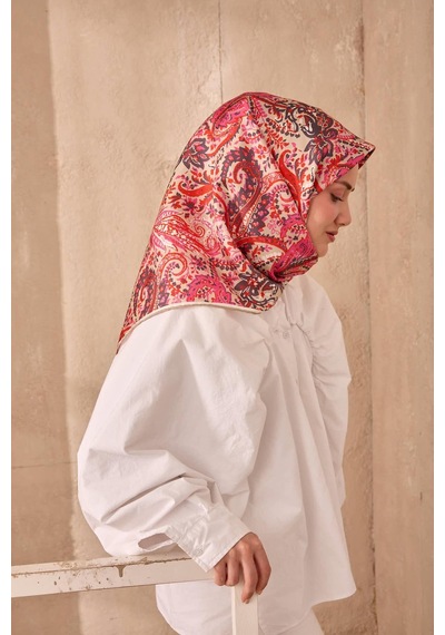 Twill İpek Eşarp 11473-42 Açık Vizon, Nar Çiçeği, Pembe, Antrasit