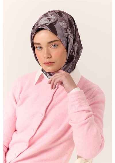 Silk Home İnce Pamuk Soft Eşarp Pastel Mor-siyah Desenli Kolay Şekil Alan 90x90 Çok Renkli