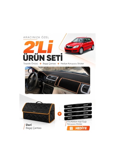 Skoda Fabia 2007-2014 Uyumlu Torpido Örtüsü + Deri Bagaj Çantası + Sticker Seti - Siyah Kahverengi