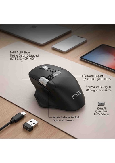 Inca Iwm-513rx Paw3311 Sensörlü Kablosuz Gaming Mouse 7d Programlanabilir Oled Ekranlı 1000hz 12.800 Dpi