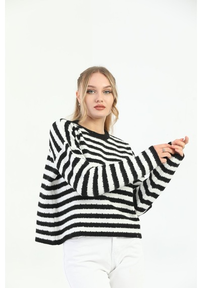 Youknitwear You Angora Çizgili Kazak Lacivert