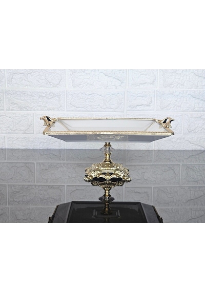Porselen Büyük Sade Kare Servis Tabağı-sunumluk Döküm Gold Çerçeve Ve Ayaklı 27cm Beyaz
