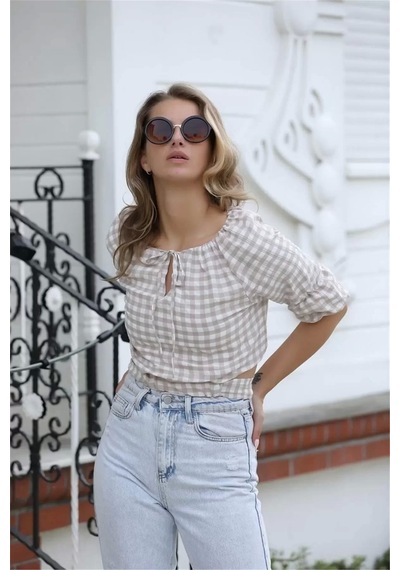 Lodmela Bağlama Detaylı Crop Bluz 1736vizon