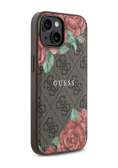 Apple Uyumlu iPhone 15 Kılıf Guess Lisanslı Magsafe Şarj Özellikli Gül Baskılı 4g Desenli Yazı Logolu Kahverengi