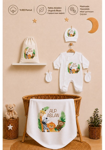 Pia Baby Erkek Bebek İsimli Hastane Çıkışı 6 Parça Tulum Şapka Eldiven %100 Pamuk Hediye Seti 2006tybk0x Krem