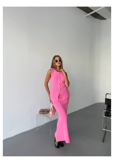 Kechi Woman Gold Aksesuarlı Etekli Triko Takım Pembe
