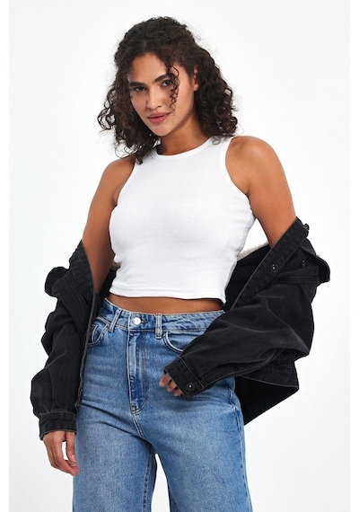 Comeor Kadın Beyaz Fitilli Görünümlü Askılı Kalın Esnek Örme Basic Crop Atlet Bluz Cmrb93