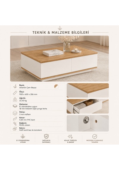The Voguemaxima Bellagio 2 Kapaklı Orta Sehpa 90 60 23,6 Cm Çam-beyaz Çam - Beyaz