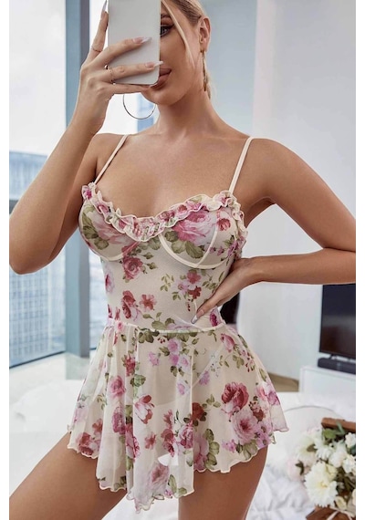 Merry See Çicek Desenli Özel Tasarım Gecelik Babydoll 001