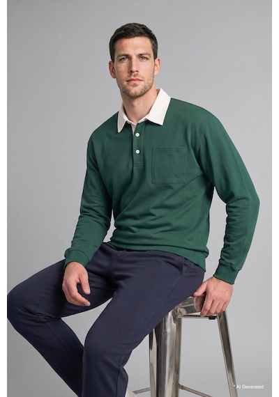 Defacto %100 Pamuk Relaxed Fit Kontrast Polo Yaka Cepli İnce Sweatshirt I3625ax26augn149 Yeşil-gn149