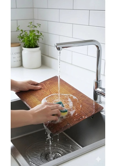 Eski Ahşap Desenli Cam Kesme Tahtası, Kesme Tablası Kenarları Oval, Antibakteriyal, Ahşap
