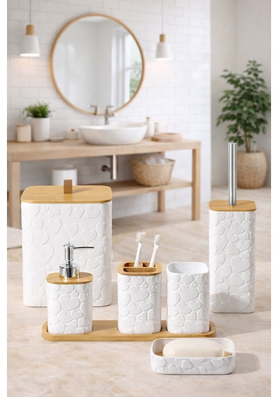 Makri Home Desenli 7 Parça Bambu Kapaklı Ve Aksesuarlı Banyo Seti Beyaz - Gri