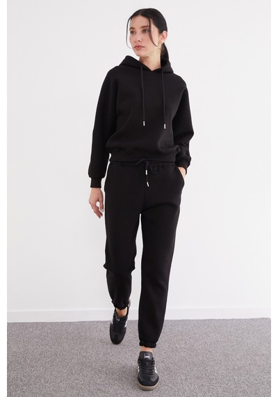 Fullamoda 3 İplik Basic Kapüşonlu Jogger Eşofman Takımı Siyah