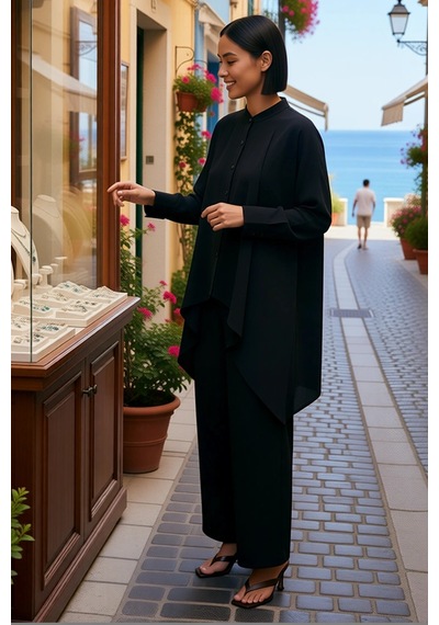 Benerly Kadın Büyük Beden Hakim Yaka Panço Gömlek İkili Takım Modal Polye Siyah