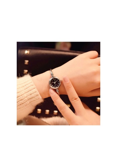 Metal-siyah Ince Bileklik Yuvarlak Vintage&retro Saat Siyah - Rose Gold