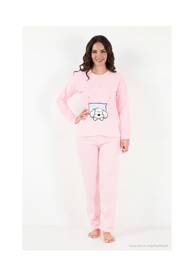 Lela Çizgili Yumuşak Kışlık Polar Pijama Takımı Kadın Pijama Takımı 6575030 Pembe