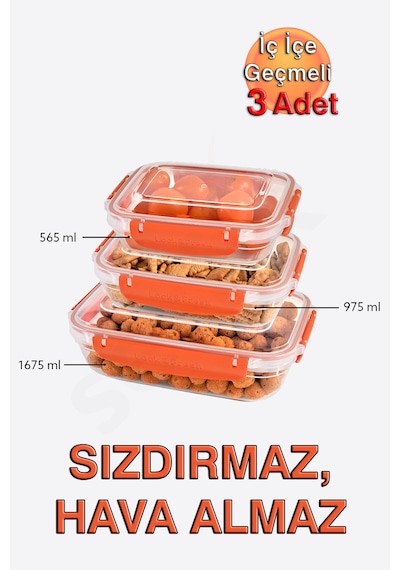 Lock&fresh Master Dikdörtgen Saklama Kabı 565,975,1675 Ml Üçlü Set Turuncu