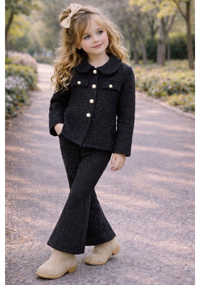 My Kids Wear Kız Çocuk Bayramlık Tüvit Ceket & İspanyol Paça Pantolon Takım 12552 Siyah