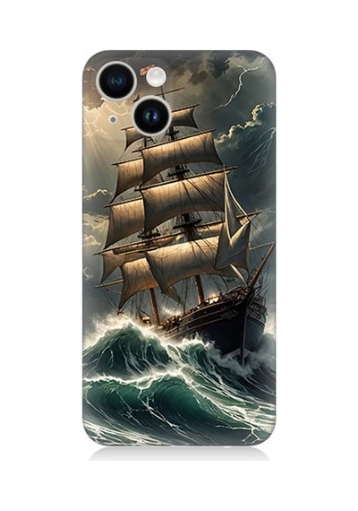 Apple iPhone 14 Plus Uyumlu Dalgalarla Savaşan Yelkenli Desenli Silikon Kılıf Çok Renkli