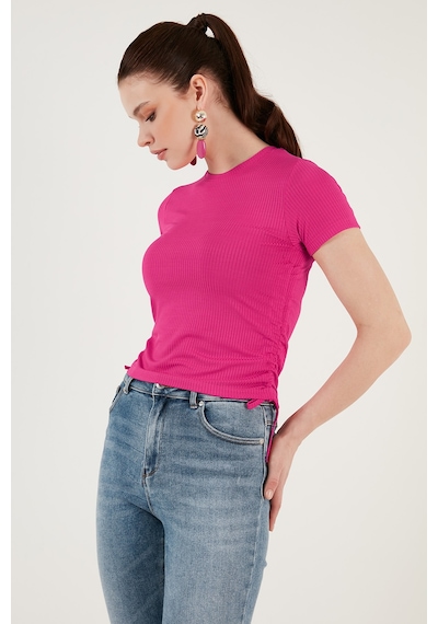 Lela Yanlardan Büzgülü Kısa Kollu Crop Bayan Bluz 5864010 Fuşya