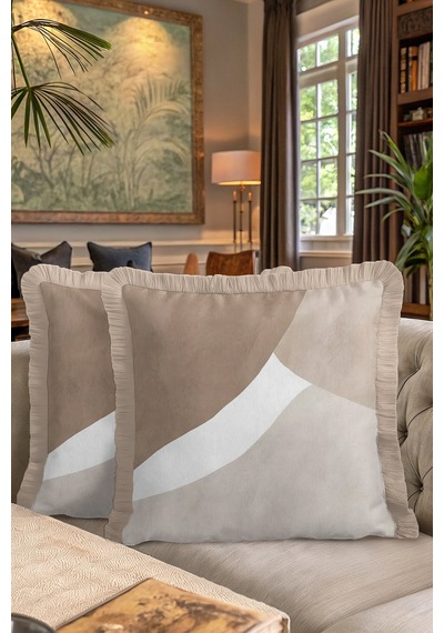 Modern Lüks Saçaklı Yastık Kılıfı - Geometrik Minimalist Bej Modern Püsküllü Kırlent Kılıfı Batımı Koyu Taba