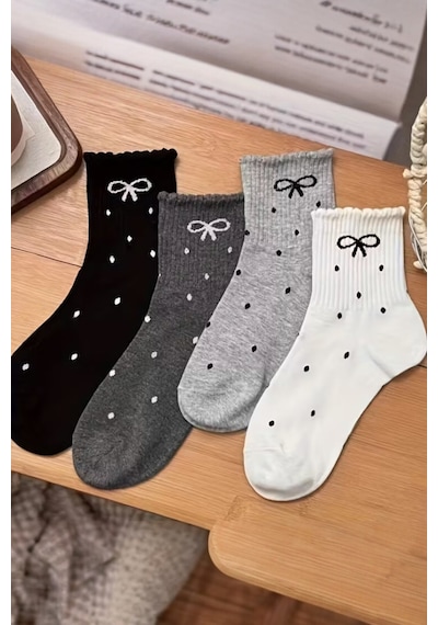 Hitit Socks Kadın 4 Çift Kurdale Ve Puantiye Desenli Günlük Kullanıma Uygun Japon Tarzı Kolej Çorap Çok Renkli