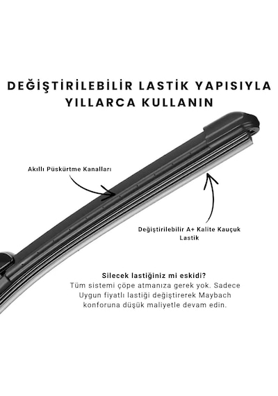 Maybach Tipi Akıllı Fıskiyeli Silecek Seti Görüş Kesmez Tıkanmaz Sistem 14 Adaptörlü Tüm Araçlara Uyumlu
