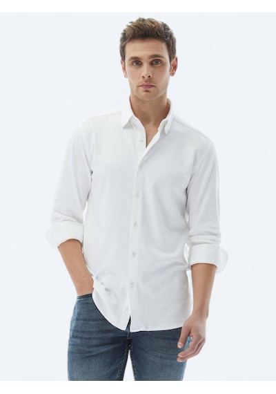 Beyaz Düz Regular Fit Dokuma Casual %100 Pamuk Gömlek Beyaz