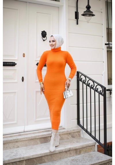 Hira Life Fashion Kadın Elbise Tesettür Giyim Balıkçı Yaka Ve Dar Kesim Triko Kalem Elbise Orange Orange Hira Life Fashion Kadın Elbise Tesettür Giyim Balıkçı Yaka Ve Dar Kesim Triko Kalem Elbise Orange Orange